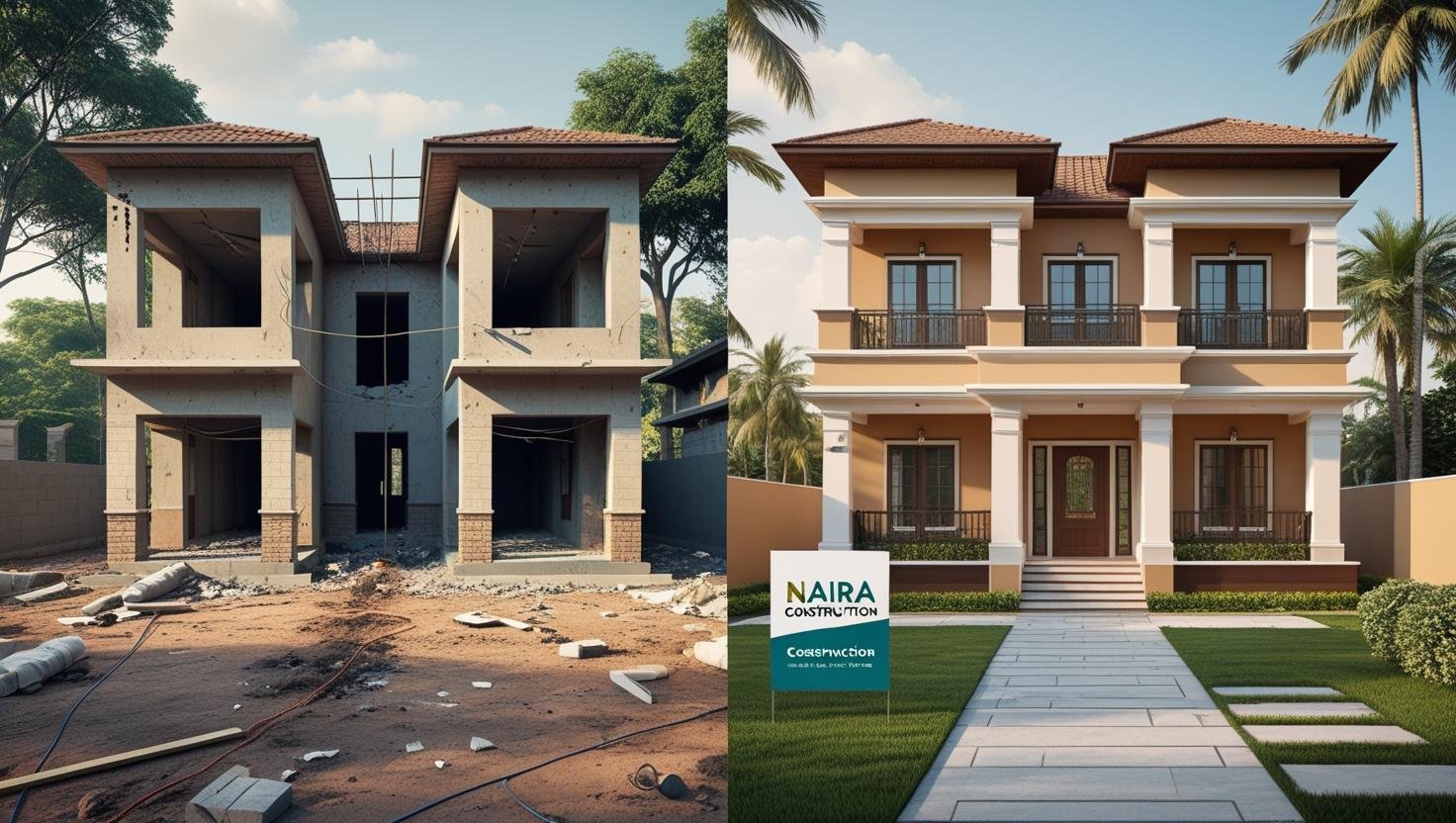 A-realistic-before-and-after-comparison-image for a-naira-construction-company-On-the-left-side-show-an-empty-plot-a-damaged-or-under-construction-2BHK-house